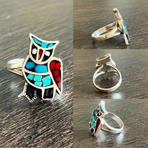 Vintage Native American Owl Sterling Silver Mosaic Multi Stone Inlay Ring Size 7
